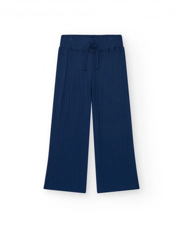 Pantalon pour fille en bleu avec taille élastique et cordon de serrage.