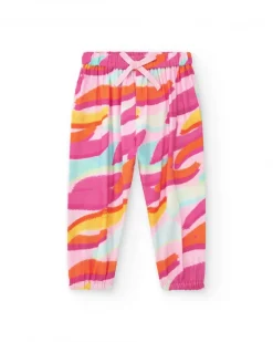 Pantalon rose en toile pour fille avec imprimé tropical et nœud