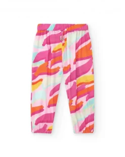 Pantalon rose en toile pour fille avec imprimé tropical et nœud