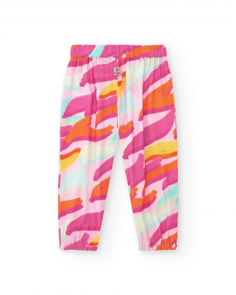 Pantalon rose en toile pour fille avec imprimé tropical et nœud