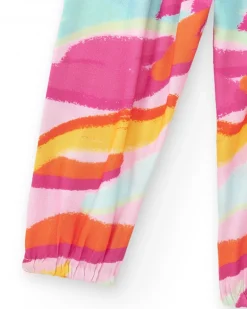 Pantalon rose en toile pour fille avec imprimé tropical et nœud