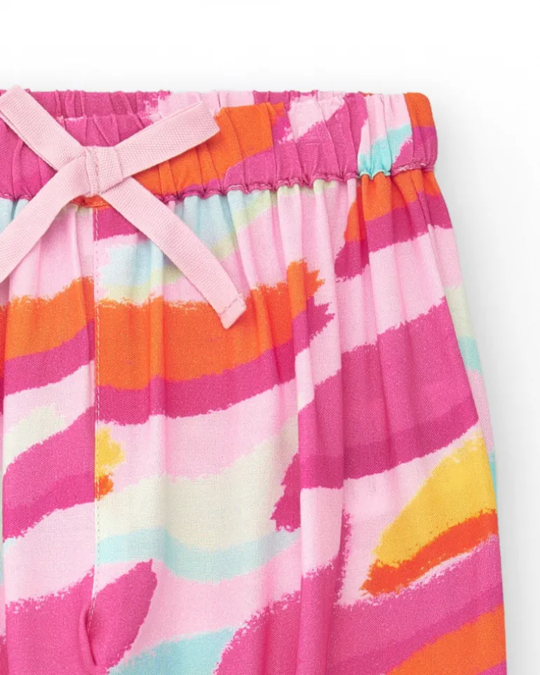 Pantalon rose en toile pour fille avec imprimé tropical et nœud