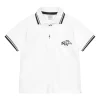 Polo blanc pour garçon avec bordures noires et broderie de dinosaure