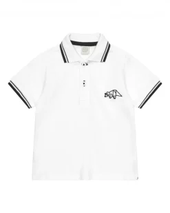 Polo blanc pour garçon avec bordures noires et broderie de dinosaure