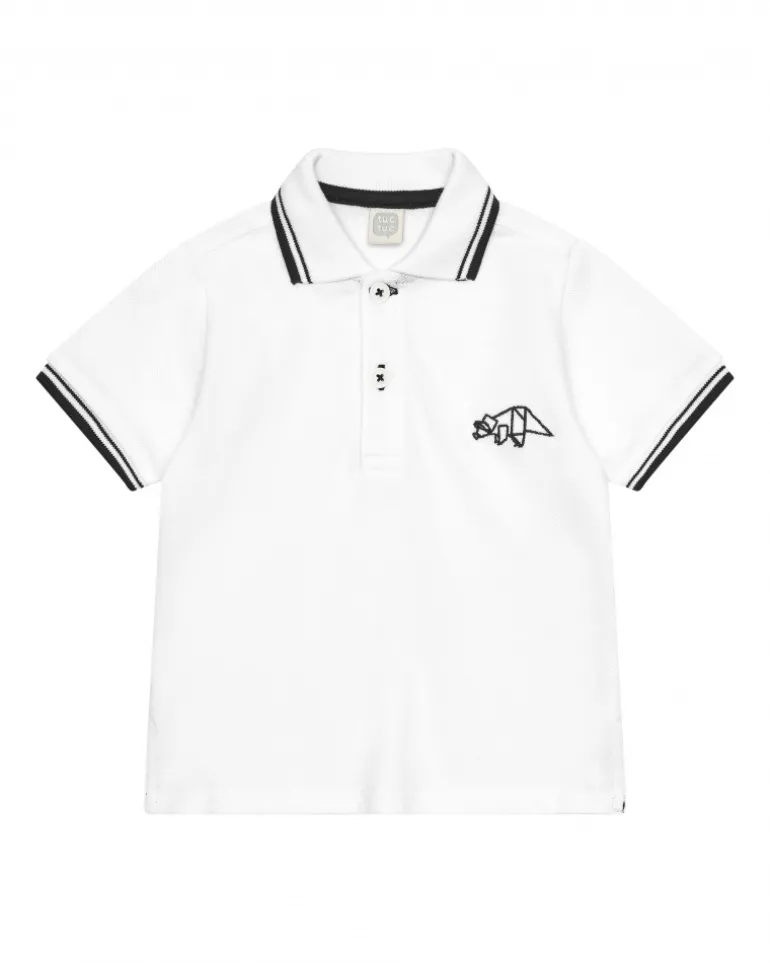 Polo blanc pour garçon avec bordures noires et broderie de dinosaure