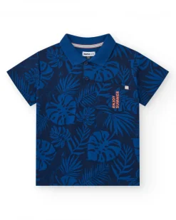 Polo pour garçon en bleu avec imprimé tropical et broderie.