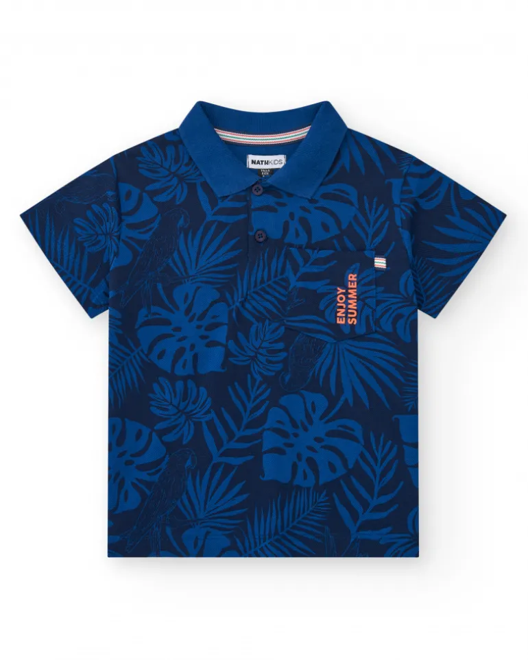 Polo pour garçon en bleu avec imprimé tropical et broderie.