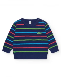 Pull bleu marine pour garçon avec rayures et requin brodé
