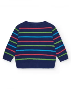 Pull bleu marine pour garçon avec rayures et requin brodé