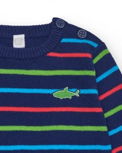 Pull bleu marine pour garçon avec rayures et requin brodé