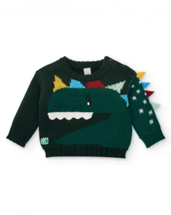 Pull tricoté vert pour garçon avec motif dinosaure en relief collection Cyber Dino