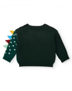 Pull tricoté vert pour garçon avec motif dinosaure en relief collection Cyber Dino
