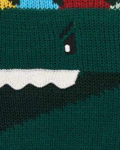 Pull tricoté vert pour garçon avec motif dinosaure en relief collection Cyber Dino