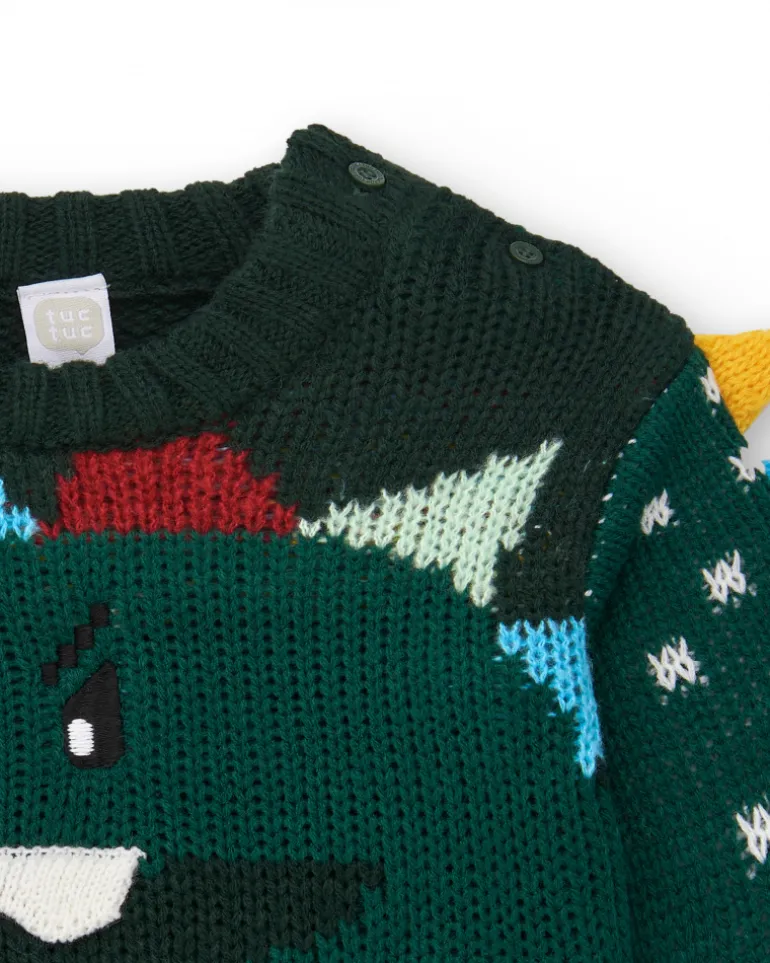 Pull tricoté vert pour garçon avec motif dinosaure en relief collection Cyber Dino