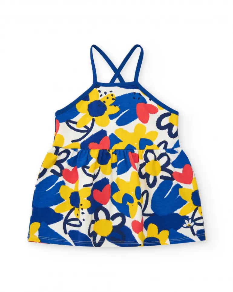 Robe à bretelles bleue pour fille avec fleurs