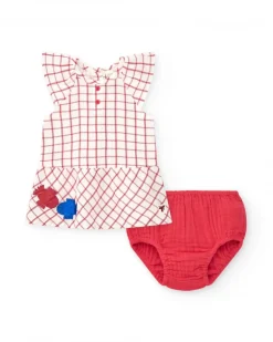 Robe blanche à carreaux rouges avec culotte rouge assortie