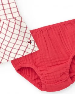 Robe blanche à carreaux rouges avec culotte rouge assortie