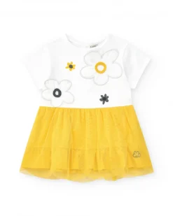 Robe blanche et jaune pour fille avec fleurs et jupe en tulle