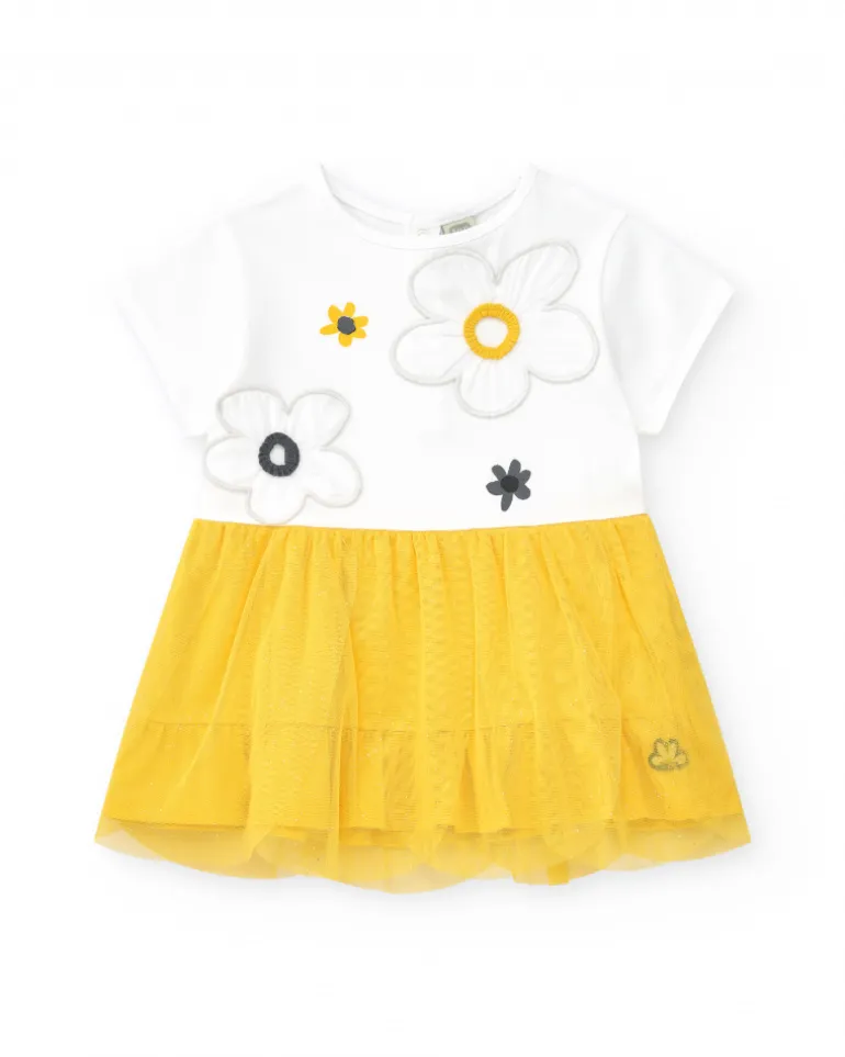 Robe blanche et jaune pour fille avec fleurs et jupe en tulle