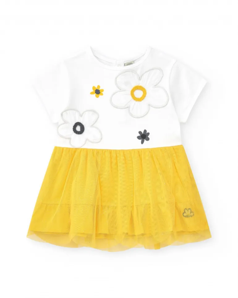 Robe blanche et jaune pour fille avec fleurs et jupe en tulle