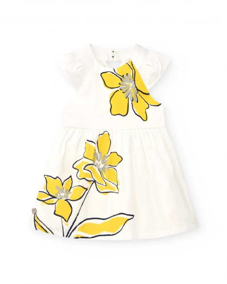 Robe blanche pour fille avec imprimé floral jaune et volants