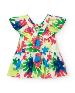 Robe blanche pour fille avec imprimé floral et volants
