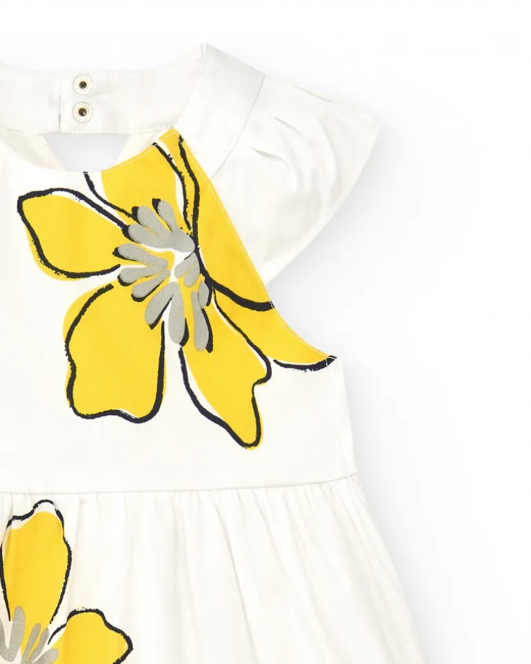 Robe blanche pour fille avec imprimé floral jaune et volants