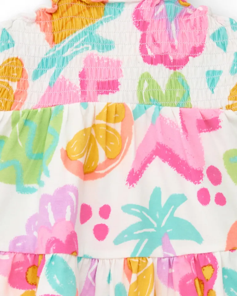 Robe blanche pour fille avec imprimé floral et bretelles froncées