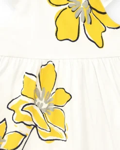 Robe blanche pour fille avec imprimé floral jaune et volants