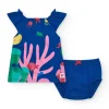 Robe bleue en tricot pour fille avec imprimé marin et corail rose