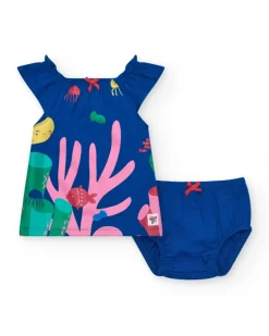 Robe bleue en tricot pour fille avec imprimé marin et corail rose
