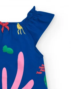 Robe bleue en tricot pour fille avec imprimé marin et corail rose