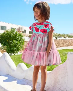 Robe bleue florale pour fille avec jupe en tulle