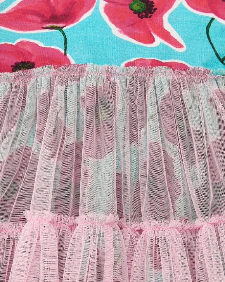 Robe bleue florale pour fille avec jupe en tulle