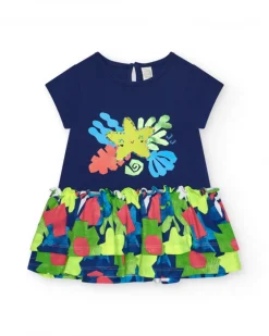 Robe bleue pour fille avec étoile jaune et jupe fleurie