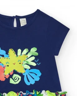 Robe bleue pour fille avec étoile jaune et jupe fleurie
