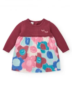 Robe combinée fille bordeaux avec jupe imprimée fleurie collection Hedgehog Forest