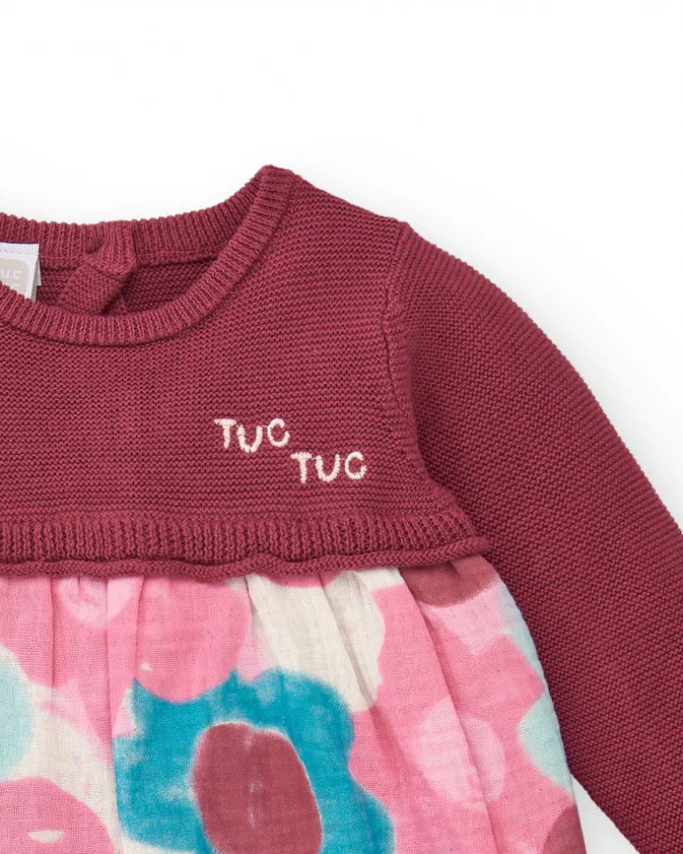 Robe combinée fille bordeaux avec jupe imprimée fleurie collection Hedgehog Forest