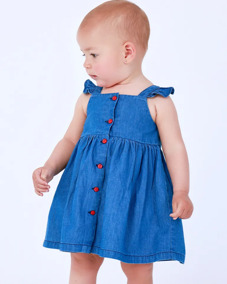 Robe en denim pour fille avec volants et boutons rouges
