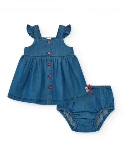 Robe en denim pour fille avec volants et boutons rouges