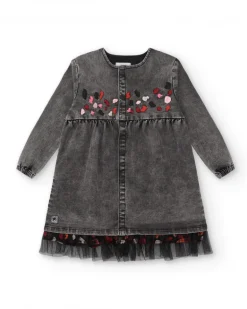 Robe en jean gris avec détails brodés fille collection Dark and Roses