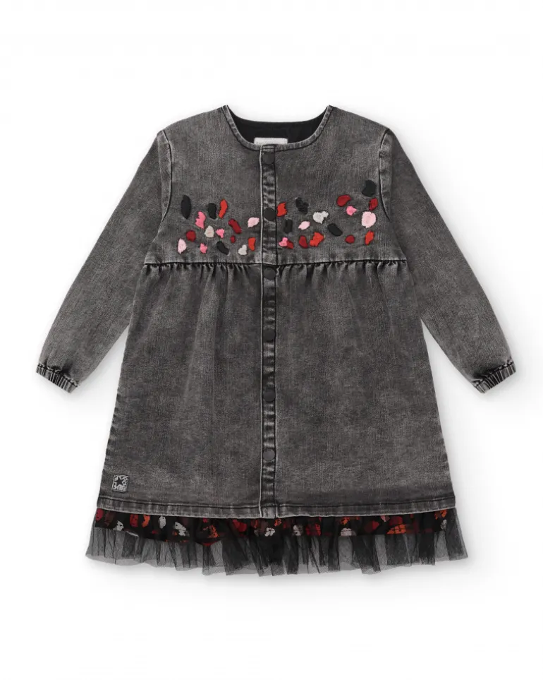 Robe en jean gris avec détails brodés fille collection Dark and Roses