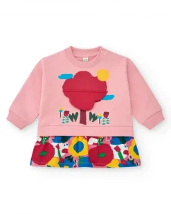 Robe en peluche pour fille en rose avec un détail d'arbre en 3D et un imprimé floral Happy Garden