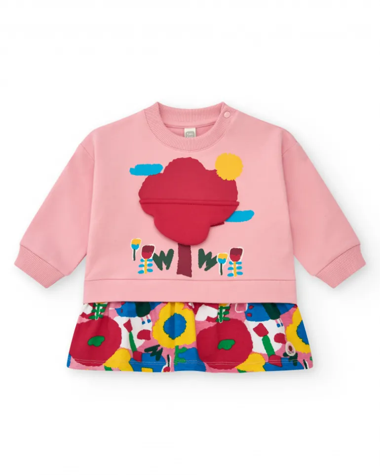 Robe en peluche pour fille en rose avec un détail d'arbre en 3D et un imprimé floral Happy Garden