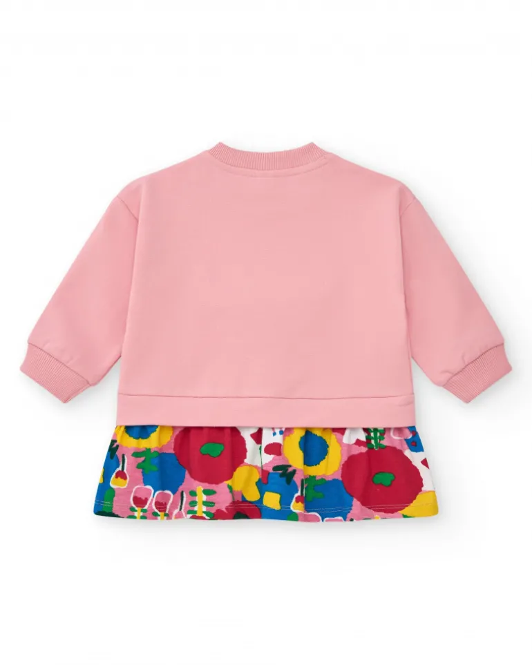 Robe en peluche pour fille en rose avec un détail d'arbre en 3D et un imprimé floral Happy Garden