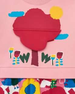 Robe en peluche pour fille en rose avec un détail d'arbre en 3D et un imprimé floral Happy Garden