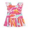Robe en popeline rose pour fille avec imprimé multicolore et volants