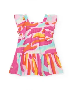 Robe en popeline rose pour fille avec imprimé multicolore et volants
