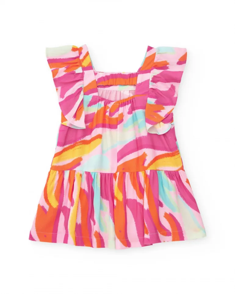 Robe en popeline rose pour fille avec imprimé multicolore et volants