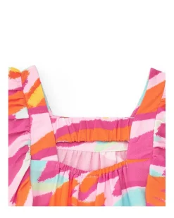Robe en popeline rose pour fille avec imprimé multicolore et volants